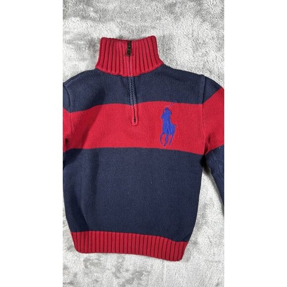 Ralph Lauren Boys’ Quarter-Zip Sweater - Red and Navy Big Pony - Size 8 - Picture 2 of 12